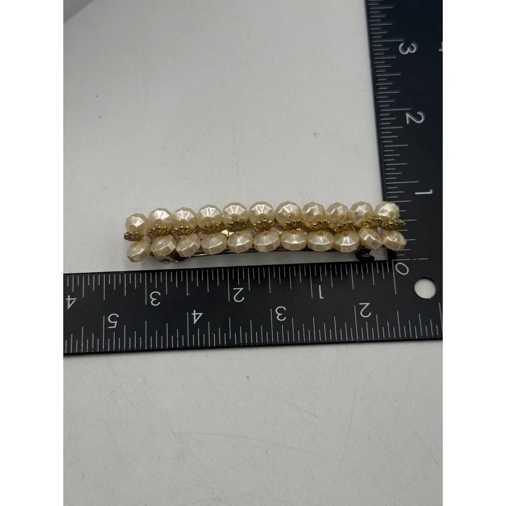 Vintage Faux Pearl Beaded Hair‎ Barrette Cream Gold Tone French Clip Accessory